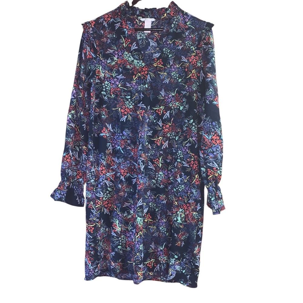 H&M Black Long Sleeve Floral Dress with Notched Collar Career Business size 4